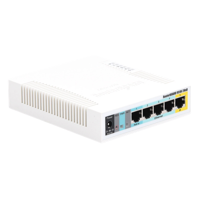 RouterBoard / 5 Puertos Fast Ethernet / WiFi 2.4 GHz 802.11b/g/n / 1000 mW / PoE Pasivo Salida / CPU 600 MHz